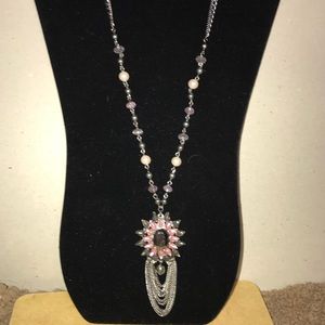 Gunmetal, Pink Rhinestones & Pearls Necklace